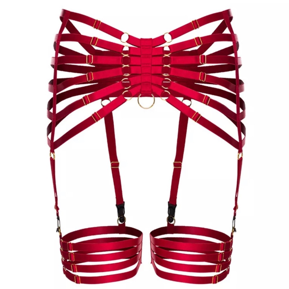 Red Garters Belt Body Harness BDSM Bondage Stockin